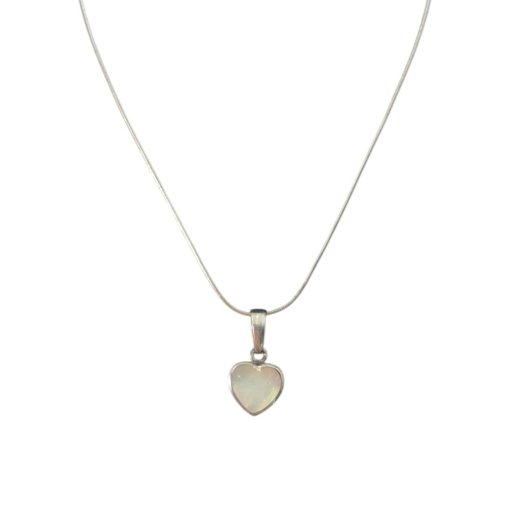 Vintage Sterling Silver White Mother Of Pearl Love Heart Pendant 16" Necklace